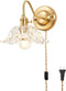 YJQHXY Vintage Plug-in Wall Sconce with Switch, Clear Snowflake Glass Shade, Brass Fixture,