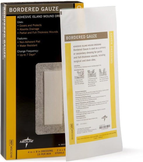Sterile Bordered Gauze, 4" x 8" with 2" x 6" Pad, Pack of 15 by Medline