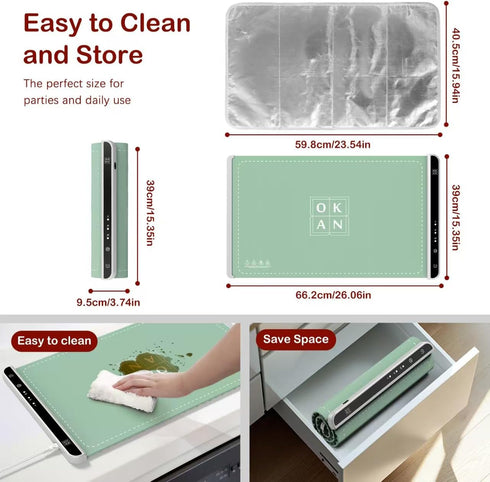 3 26" Okan Silicone Electric Food Warming Tray, Fast Full Surface Heating with Timer, Portable Rollable Versatile