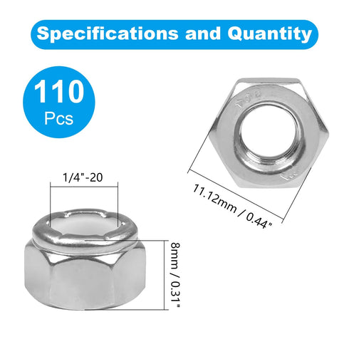 Yinpecly 110PCS 1/4"-20 Nuts,304 Nylon Insert Hex Lock Stainless Steel Locknuts,Hex Drive,Coarse Thread,Self-Locking