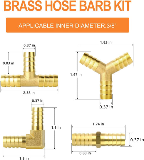 GASHER 8-Piece 3/8 Inch Brass Hose Barb Set - 90 Degree Elbow, Y-Shape Connector, Multi-Purpose Fuel/AIR/Water