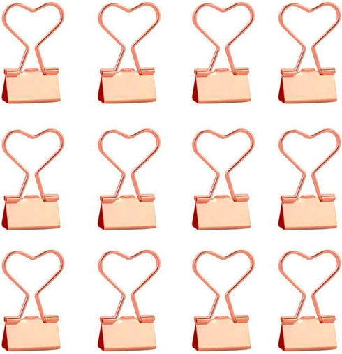 Rose Gold Metal Binder Clips with Heart Shaped Handle 0.74"/19mm Foldback Clips in Acrylic Crystal Box for Office Home
