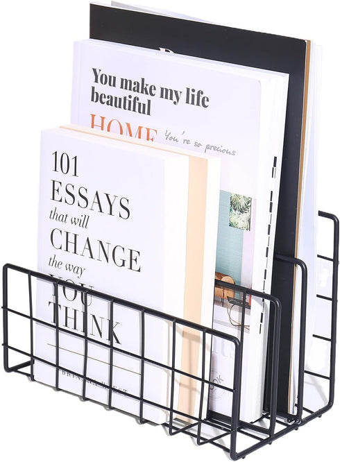 Desk Organizer, 3-Section Vertical Magazine Rack, Metal File Sorter, Document Organizer for Office Desk (Black)
