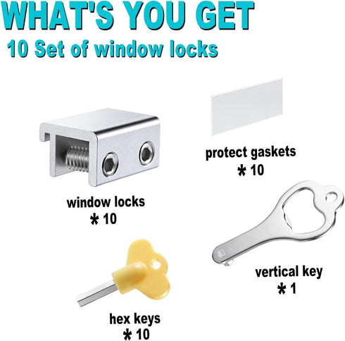 STERGDE (10 Sets), Sliding Window Locks Security Window Locks with Keys, Adjustable Aluminum Sliding Window Stops, Easy