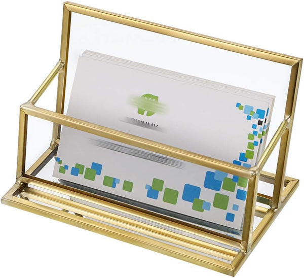 Hipiwe Vintage Gold Metal Business Card Holder Stand, Office Desktop Countertop Name Card Display Organizer