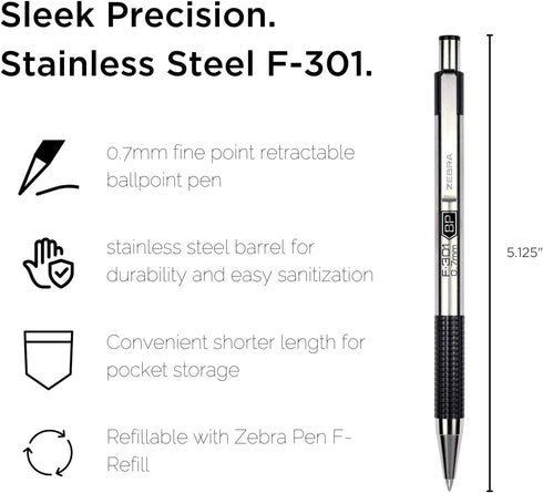 Zebra Pen F-301 Ballpoint Fine Point 0.7mm Stainless Steel Retractable Ballpoint - 12-Pack
