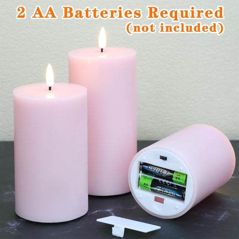 Set 3 Pink Flameless Pillar Candles with Remote, LED Candles Battery Operated, Real Wax Flickering Electric Fake