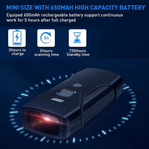JRHC Mini 2D Bluetooth Barcode Scanner, Portable Wireless 3-in-1 Reader for iOS, Android, Windows, Mac Tablets & PC