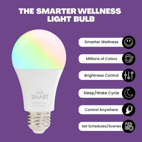 NorbSMART Smart Light Bulb LED - Color Changing Light Bulbs, Tunable Day and Night Spectra, Works with Alexa, Echo & Google Home Assistant, 9W, A19, E26, Dimmable, No Hub Required, Multicolor, 1-Pack by Norb