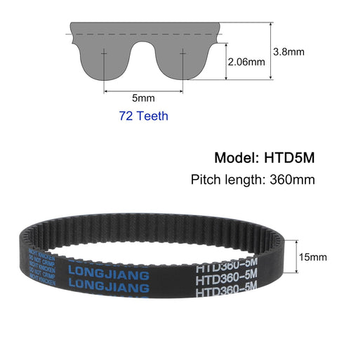 uxcell HTD5M-360 Rubber Timing Belt 72 Teeth Closed Loop Pulley Timing Belt 15mm Width, 360mm Pitch Length Synchronous Belt