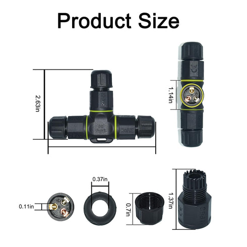 3 Way Junction Box IP68 Waterproof - 3 Pin Outdoor Cable Connector for Underground/Outdoor 0.18-0.4in, 2Pack