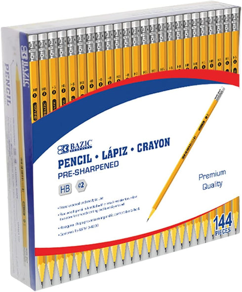 BAZIC Pre-Sharpened #2 HB Pencils, Latex Free Eraser, Yellow Bulk Class Pack for School Office (144/Pack), 1-Pack