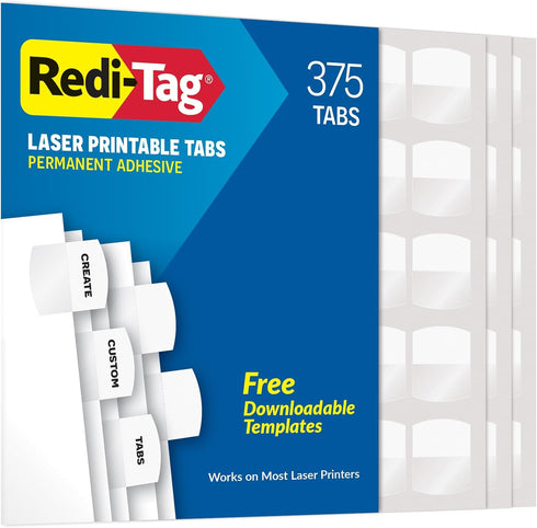 Redi-Tag Laser Index Tabs, Customizable Divider Labels, Permanent Adhesive, 1-1/8" x 1-1/4", White, 375 Tabs (B39017)
