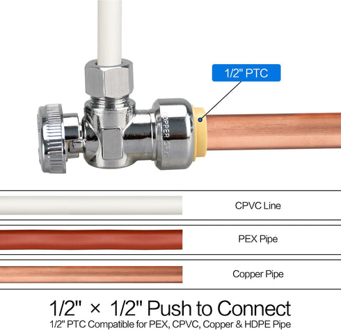 1/2/5/10/20pcs Stop Valves, 1/2" 3/8" Angle Stop Valve, Push to Connect, Chrome Plated Brass for Faucet, Toilet