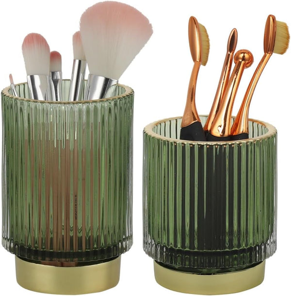 Tressify Elegant Glass Makeup Brush Holders (Set of 2), Green Vintage Organizers with