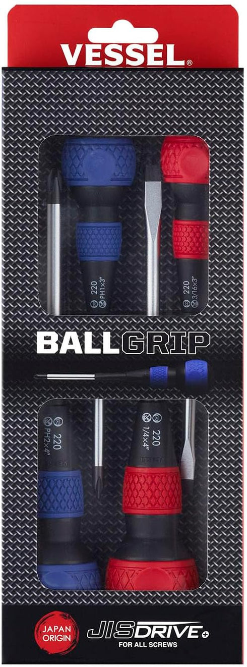 VESSEL BALL GRIP Screwdriver 4PC. Set, Red/Blue, 2204PBU