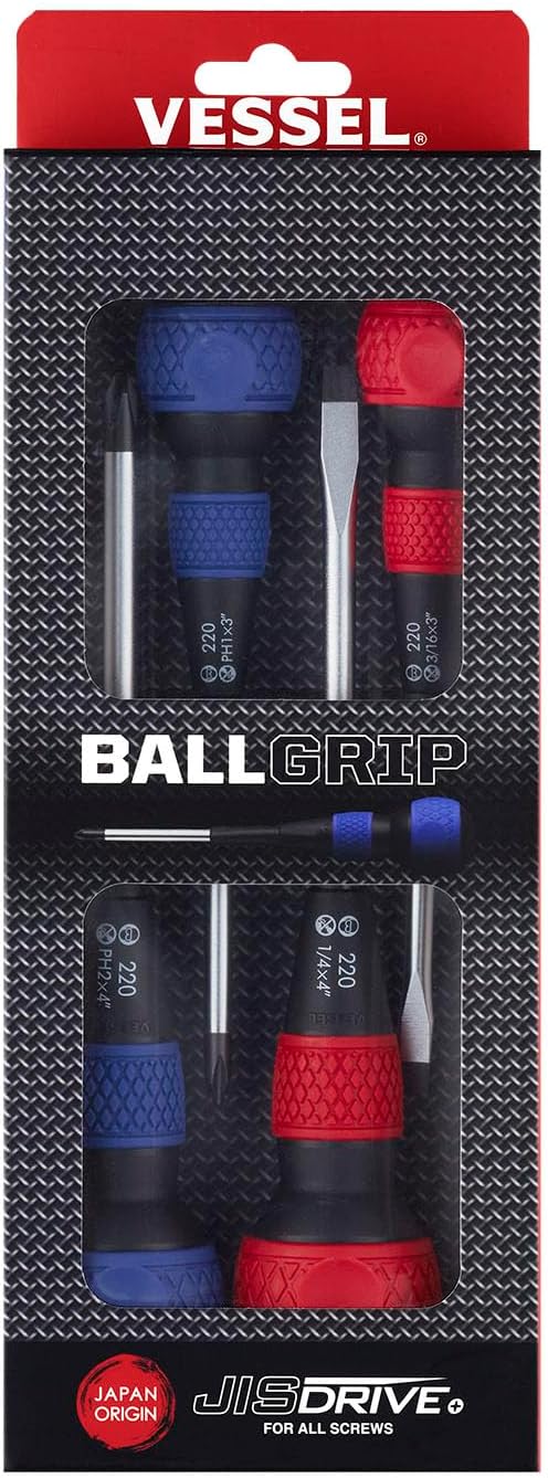 VESSEL BALL GRIP Screwdriver 4PC. Set, Red/Blue, 2204PBU