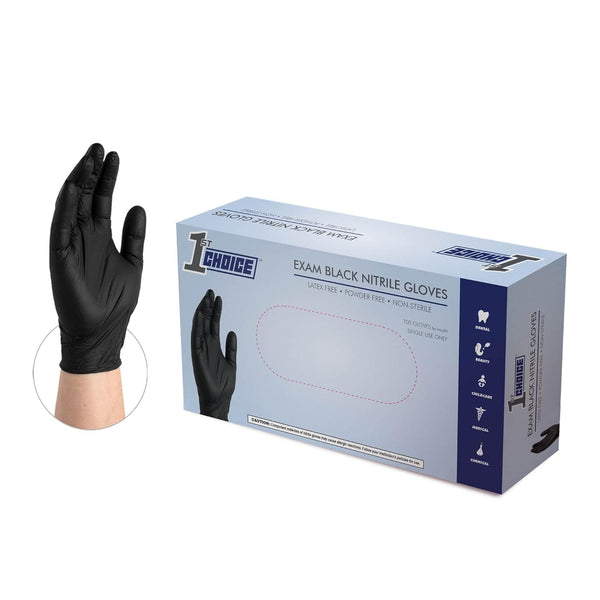 1st Choice Black Nitrile Gloves, Small Box of 100, Disposable Latex Free Exam Grade