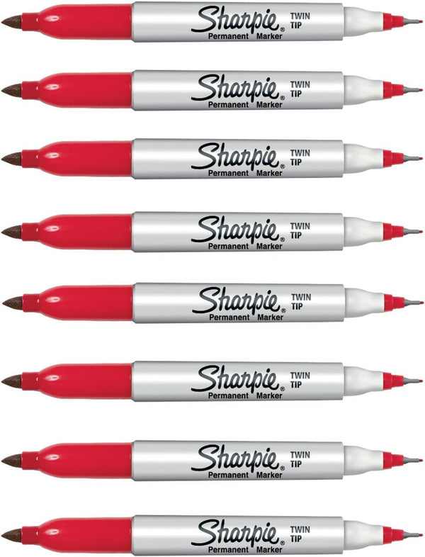 SHARPIE 32202 Twin Tip Permanent Marker, Fine and Ultra Fine Tip, Red Color, Pack of 8 Quick-Drying Ink