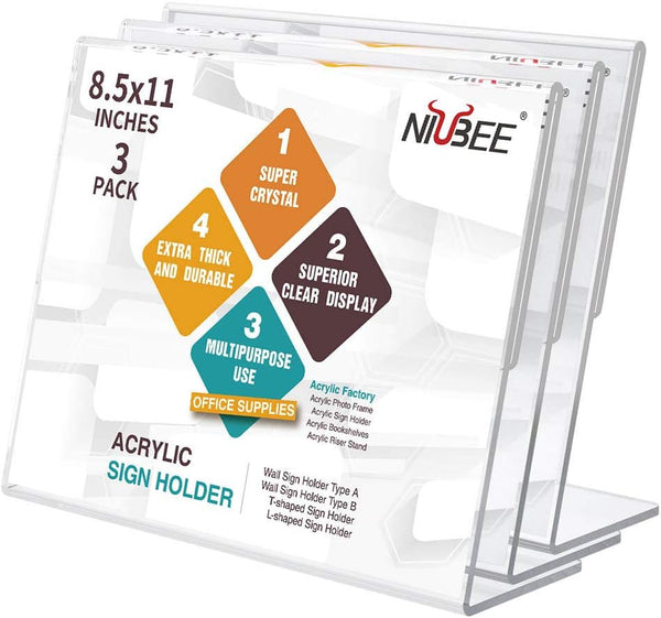 NIUBEE Acrylic Sign Holder 8.5x11 Inches 3 Pack Landscape Slant Back Clear Paper Frames for Office Display