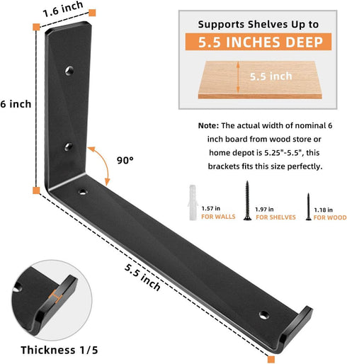 5.5 4 Inch, 6 Pack Shelf Brackets x Heavy Duty Black Metal Floating Shelf Bracket, Rustic Farmhouse Decorative Iron L