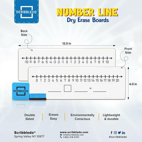 SCRIBBLEDO Negative Number Line Board, 4”x12” Inch Lapboard, Double Sided White Board for Math Manipulatives