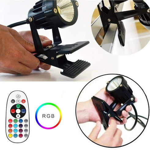 Outdoor 6W RGB LED Clip on Light, Water Resistant Adjustable Desk Stand Spotlight with Plug and Remote Control