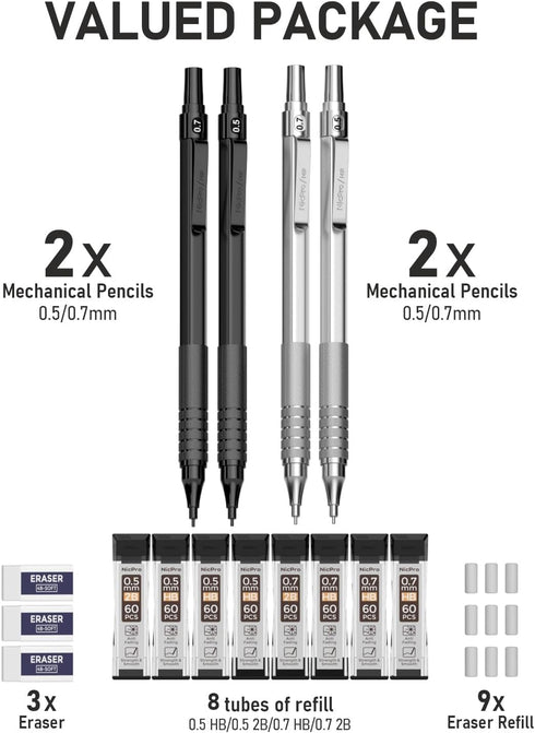 Nicpro 4 Pack Metal Mechanical Pencil Set 0.5 mm & 0.7mm with Case, Artist Pencil MP1000 with Lead Refill and Erasers