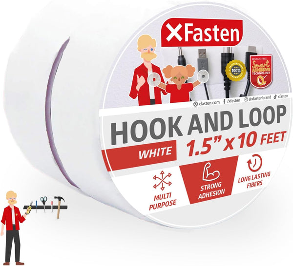 XFasten White Hook and Loop Roll, 1.5-in x 10-Ft Heavy Duty Tape with Adhesive for Fabric and Tools