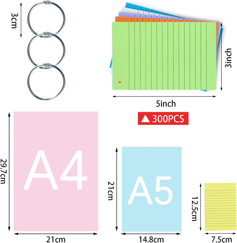 TFLFL 3x5 Inch, 300PCS 8 Index Paper Cards Flash Cards with Rings, Thin Paper Colors Ruled Index Cards, Assorted Lined