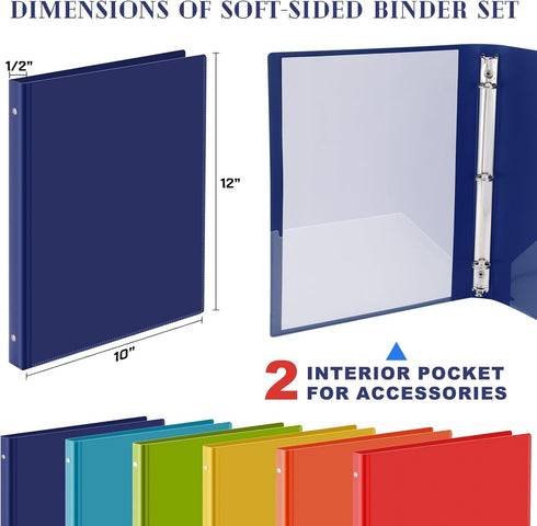 Fulmoon 6 Pack Plastic 3 Ring Binder, Assorted Colors, Flexible Round Ring Presentation Binders with Pocket (Bright,