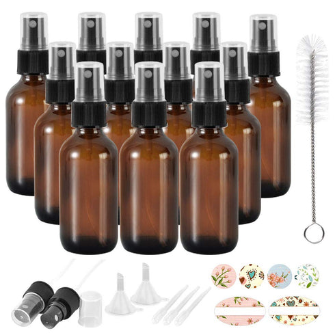 12 Pack 2oz 60 ml Amber Glass Spray Bottles with Fine Mist