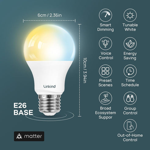 Linkind Matter Smart Bulb, Soft White to Daylight Tunable, Alexa Compatible, A19 E26, 800LM, 60W, 4-Pack