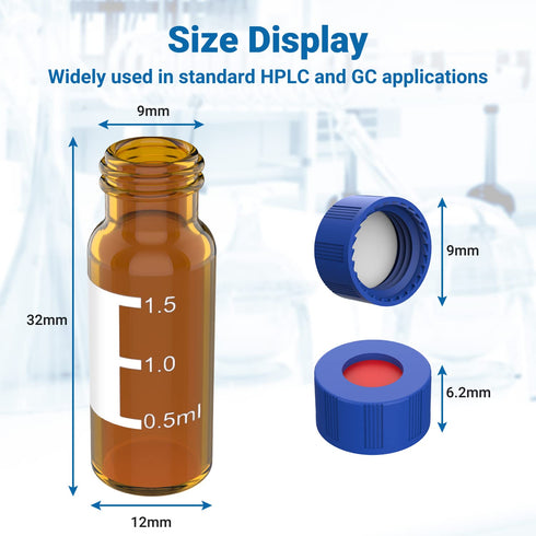 FOUR E'S SCIENTIFIC 2ml Autosampler Vials 100 Pack - HPLC Vial | 9-425 Amber Vial with Blue Screw Caps | Writing Patch | Graduation | White PTFE & Red Silicone Septa Fit for LC Sampler