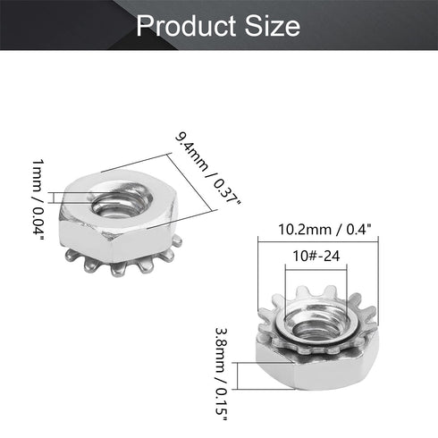 MroMax 10#-24 K-Lock Nuts, Silver 304 Stainless Steel Keps Lock Nuts for Hardware Fastening Accessories in Machinery, Furniture, Electrical Appliances, 100Pcs