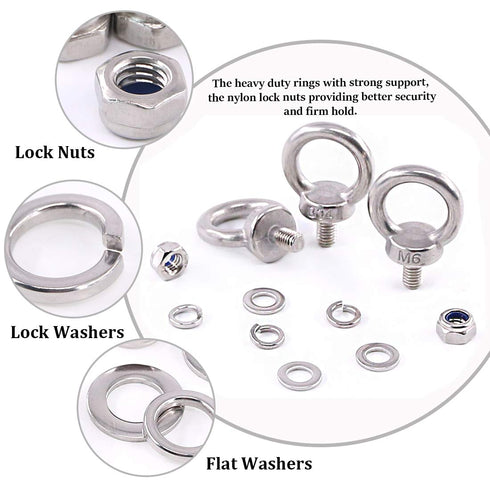 Glarks 36Pcs M6 Male Thread Stainless Steel Eye Bolt Set with Lock Nuts, Washers, and Lock Washers