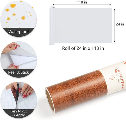 Yenhome 24"x118" Brown Wood Contact Paper, Peel and Stick Vinyl Wrap for Countertops, Waterproof Wood Wallpaper