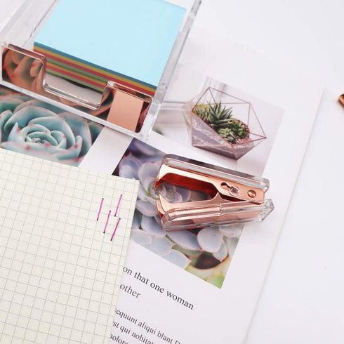 Clear Acrylic Rose Gold Self-Stick Note Cube Holders & Staple Removers Set - 3.5x3.3 Inch Memo Pad