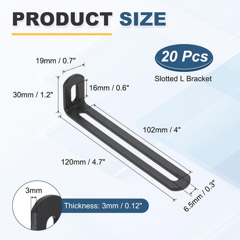 20 4.7"x1.2"x0.7", 90 uxcell Pcs Adjustable Right Angle Brackets, Slotted L-Shape Corner Bracket Degree Steel l Bracket