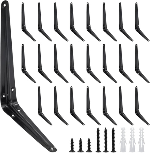 Mormchlots 24Pcs 10 x 8 Inch Black Shelf Brackets, Heavy-Duty Metal Steel Corner