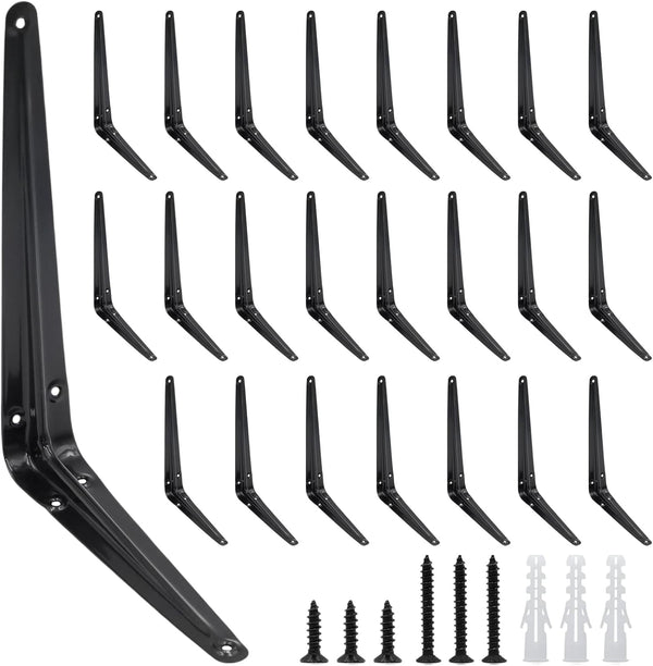 Mormchlots 24Pcs 10 x 8 Inch Black Shelf Brackets, Heavy-Duty Metal Steel Corner