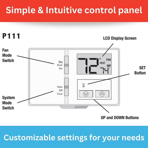 Lux Pro P111 Non-Programmable Thermostat; 1 Heat, 1 Cool; Batteries Included