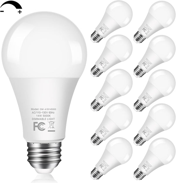 14W Dimmable LED Light Bulbs, 1500LM, 100W Equivalent, A19, E26 Base, 5000K Daylight, 10 Pack