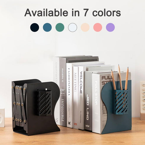 Kingsmile Metal Bookends, Heavy Book Stopper for Shelves, Removable Pen Holder (Black)