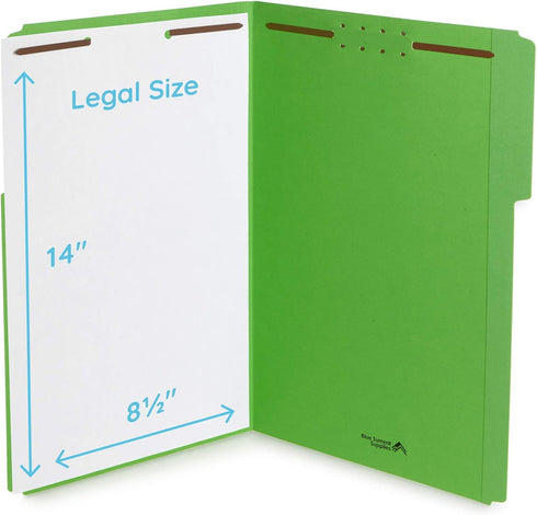 Blue Summit Supplies Green File Folders with Fasteners, Legal Size, 50 Pack, Durable 2 Prongs, 1/3 Cut Tabs