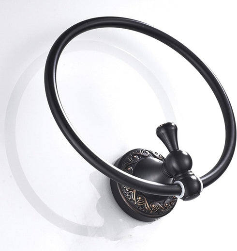 Oil Rubble Bronze Brass Bath Towel Ring, Wall Mounted Black Bathroom Hardware Accessories with Pattern Carving Design