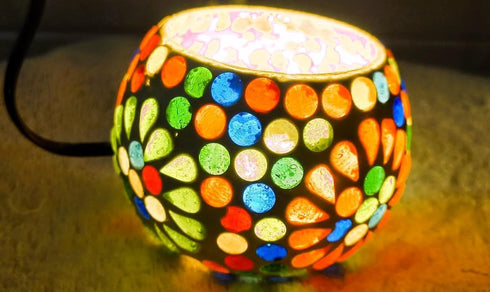 Indibliss Rajasthani Handcrafted Traditional Decorative Mosaic Glass Table Lamp with LED Lights - Multicolour