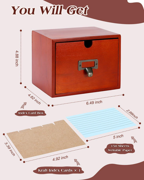 UCEC 3x5 150 Index Card Organizer, Index Card Organizer Wooden Index Card Holder Box with Drawer, Solid Wood Index Card