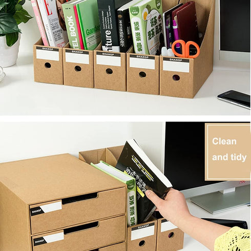Foldable Desk File Holder Organizer, Sturdy Cardboard Magazine Storage Box with Blank Label Stickers for Home & Office