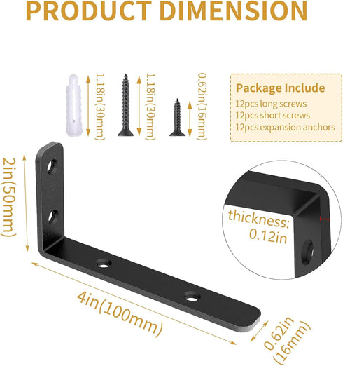 6PCS 4"2"(10050mm) 42lb, LSK L Bracket, Shelf Support Corner Bracket for Wooden Board, Max Load : Black